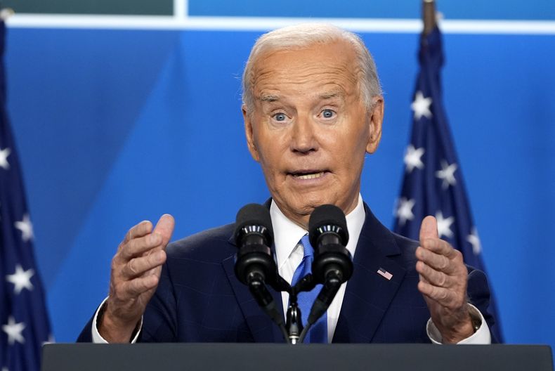 El presidente Joe Biden durante una conferencia de prensa tras la cumbre de la OTAN, el jueves 11 de julio de 2024, en Washington. (AP Photo/Susan Walsh)