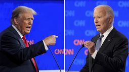 Esta combinación de fotografías muestra al precandidato presidencial republicano Donald Trump, a la izquierda, y al presidente estadounidense Joe Biden durante un debate organizado por CNN, el jueves 27 de junio de 2024 en Atlanta. (AP Foto/Gerald Herbert)