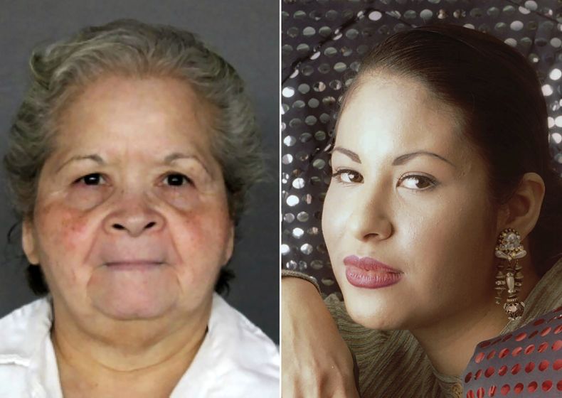 Esta combinación de fotos muestra a Yolanda Saldívar, quien está cumpliendo cadena perpetua en la prisión de la Unidad Patrick L. ODaniel en Gatesville, Texas, a la izquierda, y la estrella de la música tejana Selena posando en Corpus Christi, Texas, el 7 de marzo de 1995. (Texas Department of Criminal Justice via AP, left, and Paul Howell,/Houston Chronicle via AP)