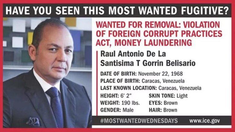 El cartel de buscado emitido por el FBI sobre Raúl Gorrín Belisario