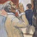 En este dibujo judicial, Sean Diddy Combs reacciona después de ser declarado culpable de delitos relacionados con prostitución, pero absuelto de cargos de tráfico sexual y crimen organizado que podrían haberlo puesto tras las rejas de por vida, el miércoles 2 de julio de 2025, en el tribunal federal de Manhattan en Nueva York. (Elizabeth Williams via AP)