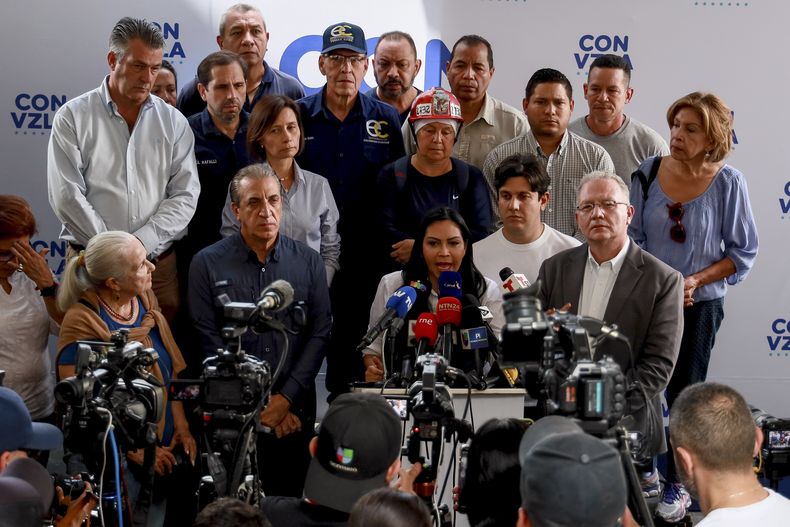 La portavoz de la oposición, Delsa Solórzano, habla en la sede de campaña de los opositores el viernes 2 de agosto de 2024, en Caracas, Venezuela. (AP Foto/Bernardo Suárez)