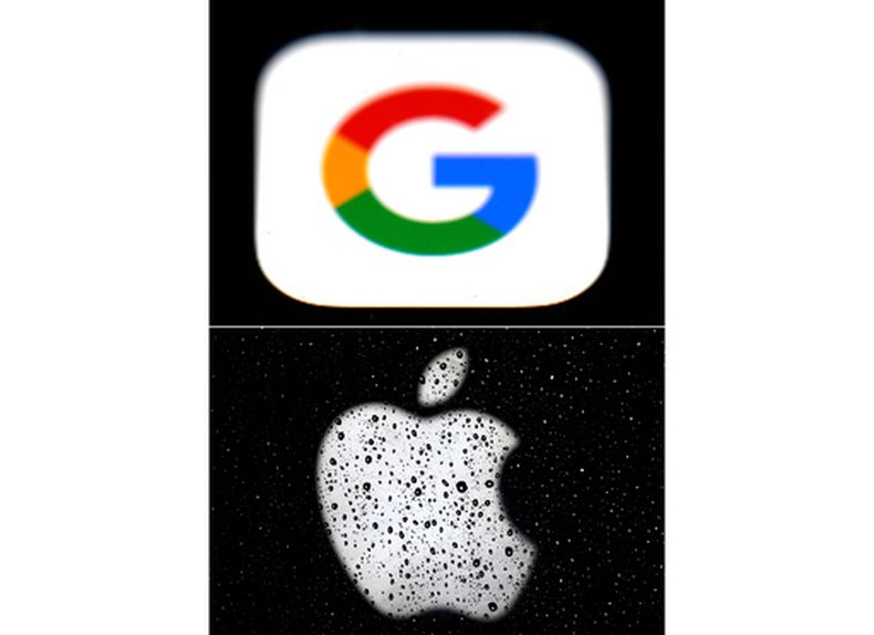 ARCHIVO - Esta combinación de imágenes muestra el logo de Google (arriba) y el de Apple (abajo). (AP Foto/archivo)