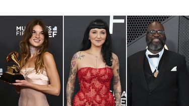 Amy Allen posa con el premio a la mejor compositora del año (no clásica) durante la 67.ª edición de los Premios Grammy en Los Ángeles el 2 de febrero de 2025 (izquierda); Julia Michaels aparece en la 67.ª edición de los Premios Grammy en Los Ángeles el 2 de febrero de 2025 (centro); y Sebastian Kole aparece en la 66.ª edición de los Premios Grammy en Los Ángeles el 4 de febrero de 2024. (Foto AP)