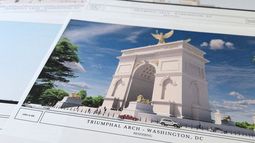 Esta imagen del viernes 10 de abril de 2026 muestra bocetos y diagramas para el nuevo arco triunfal del presidente Donald Trump, que se planea construir en Washington entre el Monumento a Lincoln y el Cementerio Nacional de Arlington. (AP Foto/Jon Elswick)
