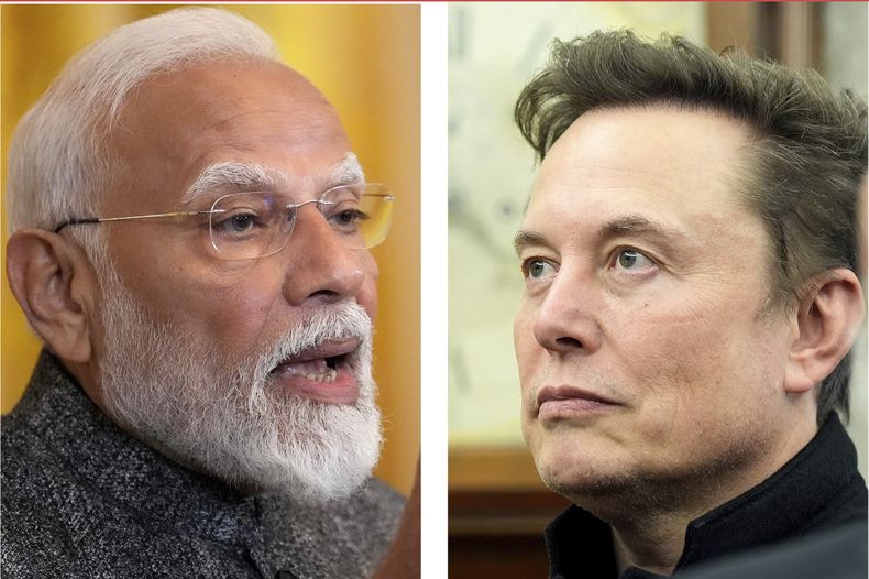 En esta combinación de fotos del jueves 13 de febrero de 2025 aparecen, a la izquierda, el primer ministro de India, Narendra Modi, en una conferencia de prensa con el presidente Donald Trump en la Sala Este de la Casa Blanca, y a la derecha, Elon Musk, escuchando mientras el presidente Trump se reúne con el premier indio en la Sala Oval de la Casa Blanca, en Washington. (AP Fotos/Ben Curtis y Alex Brandon)