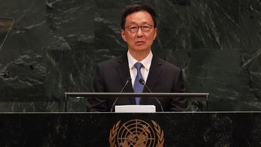 El vicepresidente chino Han Zheng interviene durante la 81ra sesión de la Asamblea General de Naciones Unidas, en la sede de la ONU, el sábado 26 de septiembre de 2026. (Foto AP/Heather Khalifa)