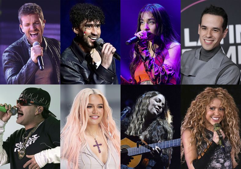 En esta combinación de fotografías los principales nominados para los Latin Grammy 2023. Fila superior de izquierda a derecha, Pablo Alborán, Bad Bunny, María Becerra y Edgar Barrera, fila inferior de izquierda a derecha, Feid, Karol G, Natalia Lafourcade y Shakira. La 24a entrega anual del Latin Grammy se realizará el 16 de noviembre en Sevilla, España. (Foto AP)