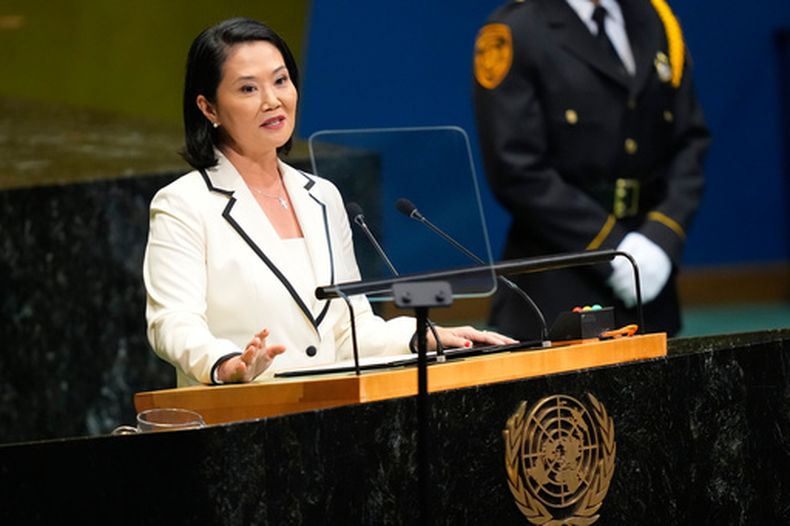 La presidenta de Perú, Keiko Fujimori, interviene en la Asamblea General de las Naciones Unidas en la sede de la ONU, el martes 22 de septiembre de 2026. (AP Foto/Yuki Iwamura)