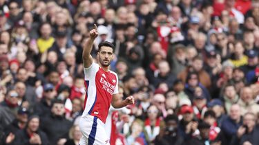 Mikel Merino festeja tras anotar el gol de Arsenal en la victoria 1-0 ante Chelsea en la Liga Premier, el domingo 16 de marzo de 2025, en Londres. (AP Foto/Ian Walton)