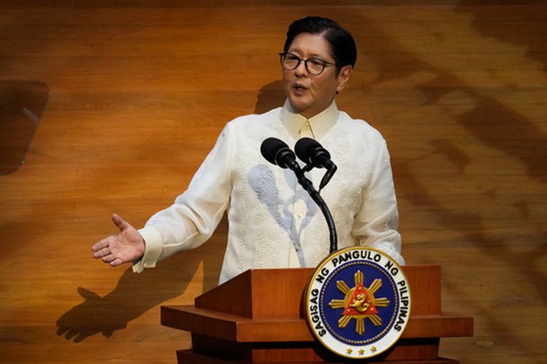 El presidente filipino en su discurso del Estado de la Nación en el Congreso en Quezon, Filipinas, el 27 de julio del 2026. (AP foto/Aaron Favila)
