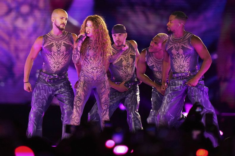 La superestrella colombiana Shakira durante un concierto de su gira Las Mujeres Ya No Lloran en la Ciudad de México el domingo 30 de marzo de 2025. (Foto AP/Eduardo Verdugo)