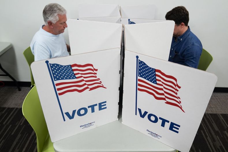Varias personas seleccionando sus votos en el centro de la Biblioteca Regional de Tysons-Pimmit en Falls Church, Virginia, el jueves 31 de octubre de 2024. (AP Foto/Stephanie Scarbrough)