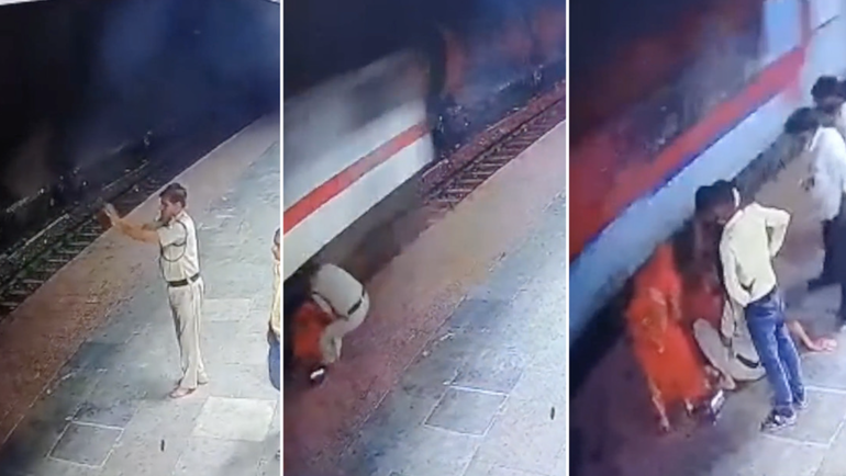 INDIA: Policía salva a una anciana justo antes de que un tren pase a toda velocidad + VIDEO