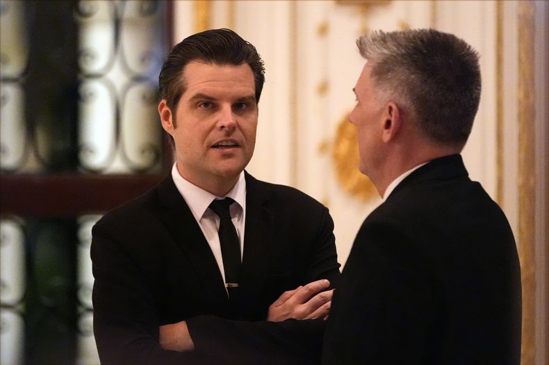 Matt Gaetz en una gala del America First Policy Institute organizada por el virtual presidente electo Donald Trump en su finca de Mar-a-Lago, el jueves 14 de noviembre de 2024, en Palm Beach, Florida. (AP Foto/Alex Brandon)