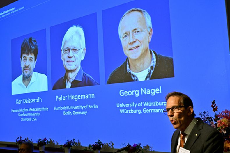 Karl Deisseroth, Peter Hegemann y Georg Nagel se ven en la pantalla en el anuncio de que se les ha concedido el Nobel de Medicina de 2026, en una conferencia de prensa en el Nobel Forum del Instituto Karolinska en Estocolmo, Suecia, el 5 de octubre de 2026. (Pontus Lundahl/TT News Agency via AP)