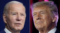 ARCHIVO - En esta combinación de fotos, a la izquierda, el presidente Joe Biden habla el 10 de agosto de 2023 en Salt Lake City, y el expresidente Donald Trump habla el 8 de julio de 2023, en Las Vegas. (AP Foto, Archivo)