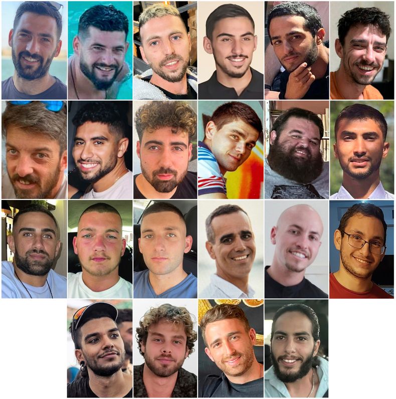 Combinación de imágenes suministrada por el Foro de Rehenes y Familias Desaparecidas, que muestra a rehenes israelíes secuestrados por Hamás. Fila de arriba de izq a der: Gali Berman, Ziv Berman, Elkana Bohbot, Rom Braslavski, Nimrod Cohen, Ariel Cunio; segunda fila de izq a der: David Cunio, Evyatar David, Guy Gilboa-Dalal, Maksym Harkin, Eitan Horn, Bipin Joshi; tercera fila de izq a der: Segev Kalfon, Bar Kupershtein, Matan Angrest, Omri Miran, Eitan Mor, Tamir Nimrodi: fila de debajo de izq a der: Yosef-Chaim Ohana, Alon Ohel, Avinatan Or, Matan Zangauker. (Foro de Rehenes y Familias Desaparecidas via AP)