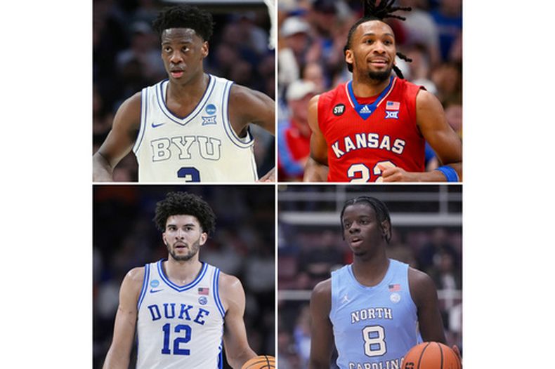 ARCHIVO - Foto del 14 de enero del 2026, el alero AJ Dybantsa, de BYU March 19, 2026, el base de Kansas Darryn Peterson, el alero de Duke Cameron Boozer,y el alero de Carolina del Norte Caleb Wilson. (AP Foto/Amanda Loman, Reed Hoffmann, Brynn Anderson, Jeff Chiu)