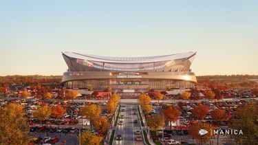 Esta ilustración sin fecha, proporcionada por los Chiefs de Kansas City el miércoles 22 de julio de 2026, muestra un diseño inicial del nuevo estadio techado del equipo, cuya inauguración está prevista para 2031 en Kansas City, Kansas. (Kansas City Chiefs/MANICA vía AP)