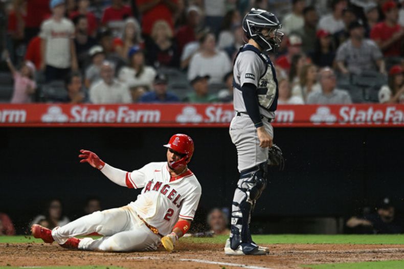 Oswald Peraza (2), de los Angelinos de Los Ángeles, anota frente a los Yankees de Nueva York en la cuarta entrada del juego de béisbol de Grandes Ligas, el lunes 31 de agosto de 2026, en Anaheim, California. (AP Foto/Wally Skalij)