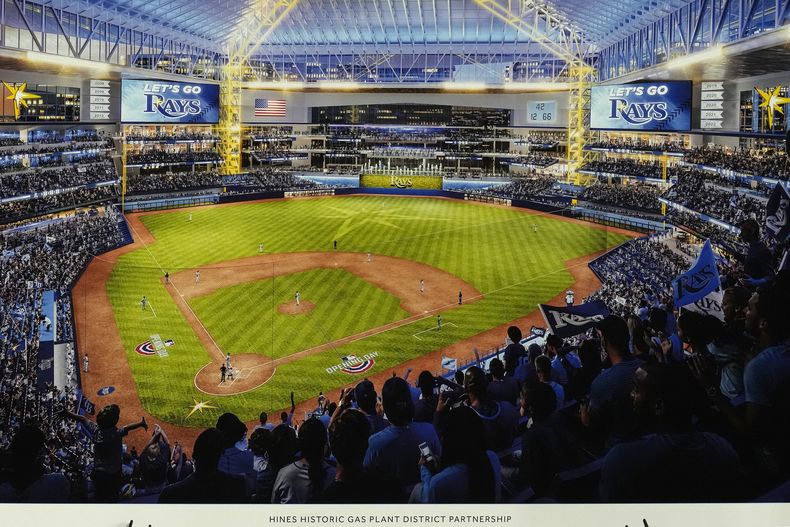 Muestra del nuevo estadio de los Rays de Tampa Bay al ser presentado en una rueda de prensa, el martes 19 de septiembre de 2023, en St. Petersburg, Florida. (AP Foto/Chris OMeara)