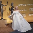 Pamela Anderson llega a la 31ª edición anual de los Premios SAG el domingo 23 de febrero de 2025 en el Shrine Auditorium de Los Ángeles. (Foto AP/Chris Pizzello)