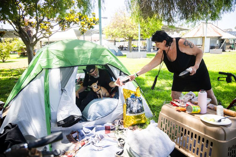 Jan De Jonge y su prometida Sher Stuckman colocan una carpa con sus pertenencias y su mascota fuera de Elks Lodge en Garden Grove, California, el lunes 25 de mayo de 2026. (AP Foto/Ethan Swope)