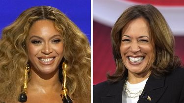 Esta combinación de fotografías muestra a Beyoncé en los premios Grammy en Los Ángeles, el 14 de marzo de 2021 (izquierda), y a la candidata demócrata a la presidencia, la vicepresidenta Kamala Harris, en un evento de la cadena CNN en Aston, Pensilvania, el 23 de octubre de 2024. (AP Foto)