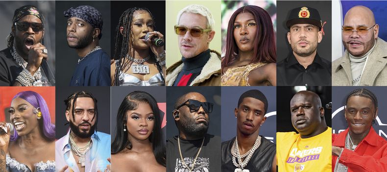 En esta combinación de fotografías, en la fila superior de izquierda a derecha, 2 Chainz, 6lack, BIA, Diplo, Doechii, DJ Drama y Fat Joe, fila inferior de izquierda a derecha, Flo Milli, French Montana, JT, Killer Mike, King Combs, Shaq y Soulja Chico. (Foto AP)