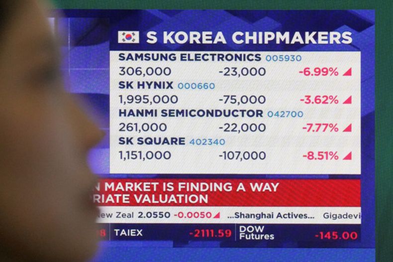 Una pantalla muestra los datos de cotización de fabricantes surcoreanos de chips, en la sala de operaciones de divisas en la sede de Hana Bank en Seúl, Corea del Sur, el lunes 8 de junio de 2026. (AP Foto/Ahn Young-joon)