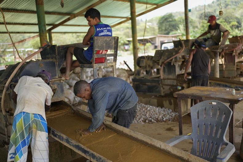 Los trabajadores echan arena de las piedras molidas sobre placas de cobre que atrapan las partículas de oro en la mina de El Callao, estado Bolívar, Venezuela, 28 de abril de 2023. El derrumbe de una mina en El Callao en medio de fuertes lluvias deja de momento 12 fallecidos, dijeron las autoridades el sábado 3 de junio de 2023. (AP Foto/Matias Delacroix)