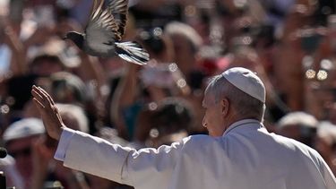 Una paloma pasa volando junto al papa León XIV a su llegada a la audiencia general semanal, en la Plaza de San Pedro del Vaticano, el 23 de septiembre de 2026. (AP Foto/Alessandra Tarantino)