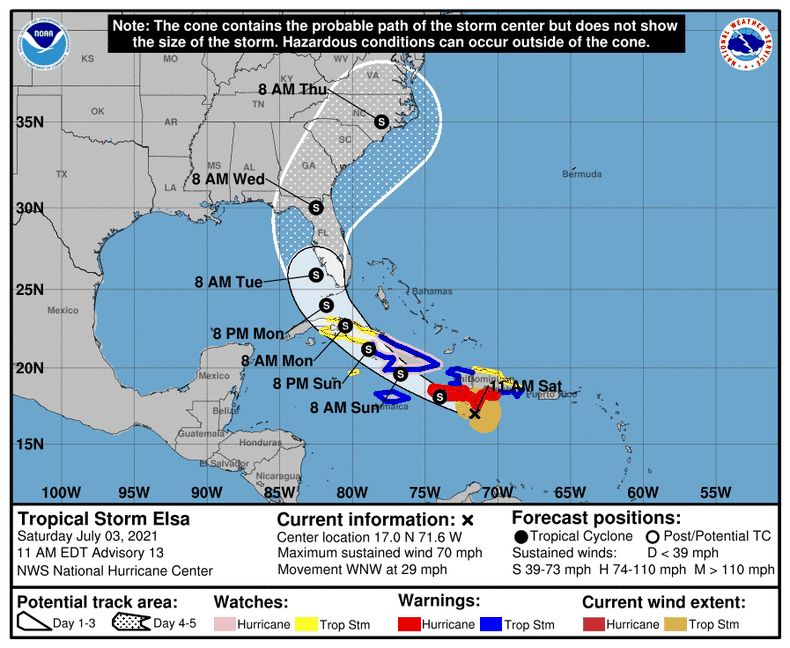 La Tormenta Tropical Elsa en su camino a Florida. NHC