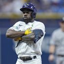 El mexicano Randy Arozarena, de los Rays de Tampa Bay, festeja tras conectar un jonrón el viernes 5 de mayo de 2023, ante los Yanquis de Nueva York (AP Foto/Chris OMeara)