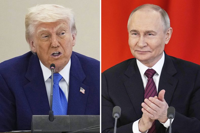 Esta imagen combinada muestra al presidente de Estados Unidos, Donald Trump, en una mesa con empresarios, el 16 de mayo de 2025 en Abu Dabi, Emiratos Árabes Unidos, y al presidente de Rusia, Vladímir Putin, en una ceremonia de firma en el Kremlin, en Moscú, el 10 de mayo de 2025. (AP Foto)