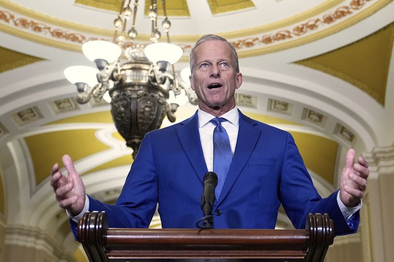 El líder de la mayoría del Senado, John Thune, republicano por Dakota del Sur, habla tras un almuerzo político el miércoles 9 de julio de 2025 en el Capitolio de Washington. (AP Foto/Mariam Zuhaib)