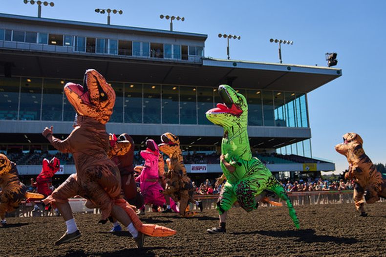 Participantes corren hacia la meta durante una de las carreras del Campeonato Mundial de T-Rex, en el hipódromo Emerald Downs, el 12 de julio de 2026, en Auburn, Washington (AP Photo/Lindsey Wasson)