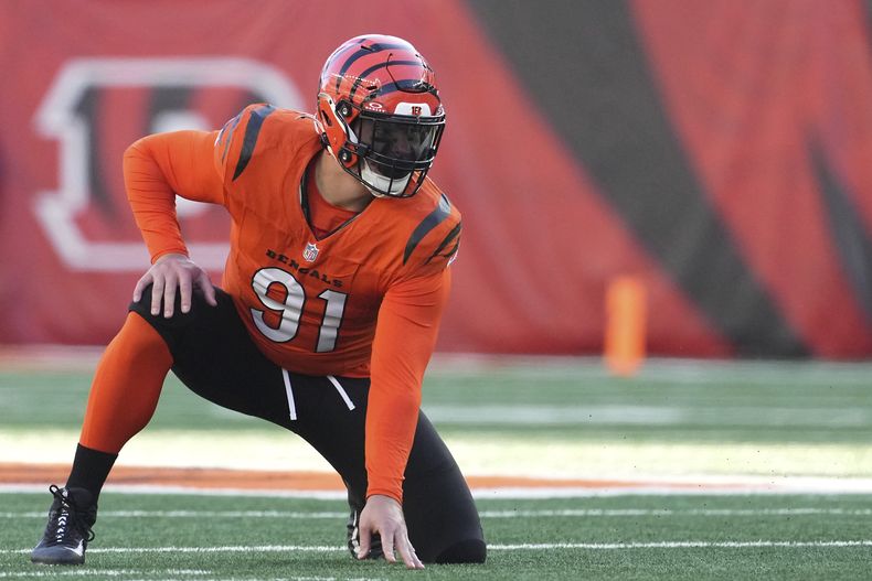ARCHIVO - Trey Hendrickson, defensive end de los Bengals de Cincinnati, se prepara para iniciar una jugada en el encuentro ante los Steelers de Pittsburgh, el domingo 1 de diciembre de 2024 (AP Foto/Kareem Elgazzar, archivo)