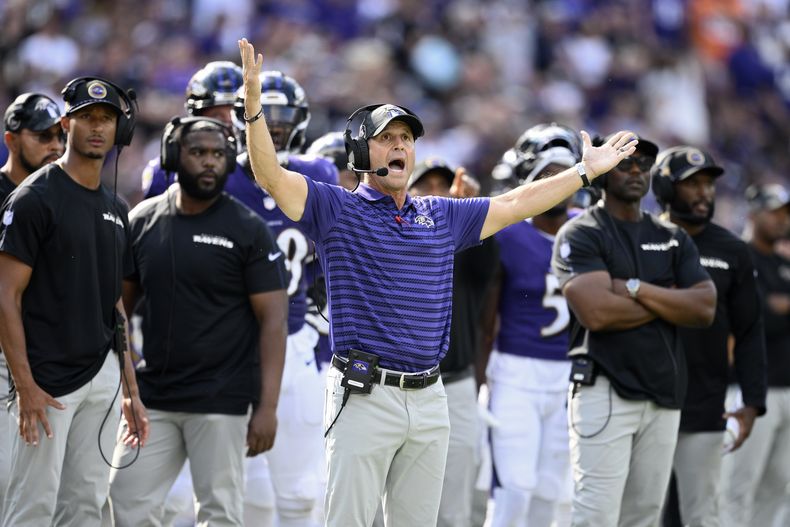 El entrenador en jefe de los Ravens de Baltimore, John Harbaugh reacciona luego de una jugada ante los Raiders de Las Vegas, durante la segunda mitad de un juego de NFL, el domingo 15 de septiembre de 2024, en Baltimore. (AP Foto/Nick Wass)