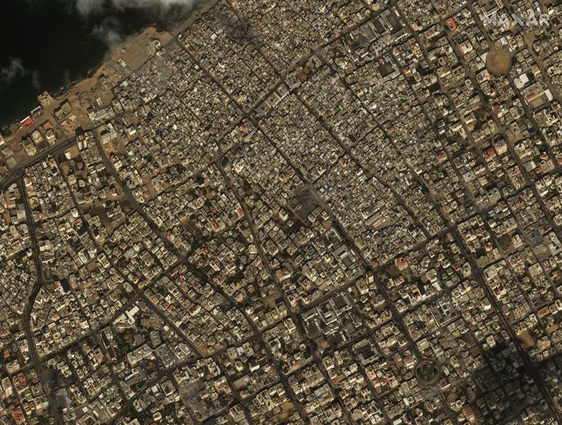 Esta imagen aérea, proporcionada por Maxar Technologies, muestra el distrito de Rimal el martes 10 de octubre de 2023, en la Ciudad de Gaza. (Imagen satelital ©2023 Maxar Technologies vía AP)