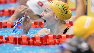 Mollie OCallaghan reacciona tras ganar los 200 metros libre en el Mundial de natación, el miércoles 26 de julio de 2023, en Fukuoka, Japón. (AP Foto/Eugene Hoshiko)