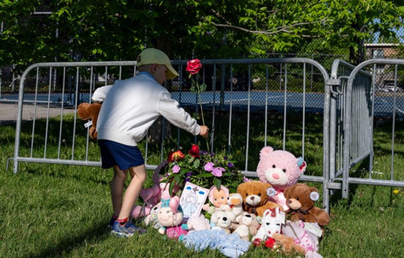 Un niño coloca flores en un altar improvisado en el Parc Ouellette, después de que una niña falleció cuando un castillo inflable fue arrastrado por el viento, el miércoles 3 de junio de 2026, en Montreal. (Christinne Muschi/The Canadian Press via AP)