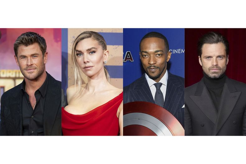 Esta combinación de fotos muestra a Chris Hemsworth en el estreno en Londres de Transformers One el 19 de septiembre de 2024, de izquierda a derecha; Vanessa Kirby en el estreno en Londres de Napoleon el 15 de noviembre de 2023; Anthony Mackie en una proyección de Capitán América: Brave New World en Nueva York el 13 de febrero de 2025; y Sebastian Stan en la Gala del Museo de la Academia en Los Ángeles el 19 de octubre de 2024. (Foto AP)