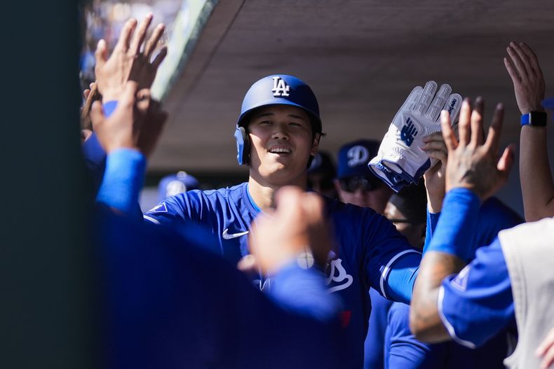 El bateador designado de los Dodgers de Los Ángeles, Shohei Ohtani celebra en el banquillo luego de anotar en un elevado de sacrificio de Will Smith durante la primera entrada del juego de pretemporada ante los Rockies de Colorado, en Phoenix, el domingo 3 de marzo de 2024. (AP Foto/Ashley Landis)