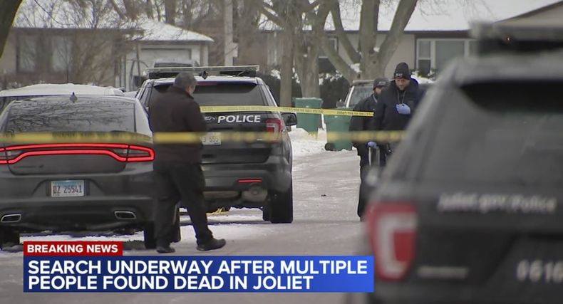 En esta escena tomada de un video proporcionado por WLS-TV ABC 7 Chicago, las autoridades trabajan en una escena del crimen en Joliet, Illinois, el lunes 22 de enero de 2024, tras descubrir a varias personas baleadas y asesinadas en tres lugares desde el domingo en suburbios de Chicago. (WLS-TV ABC 7 Chicago via AP)