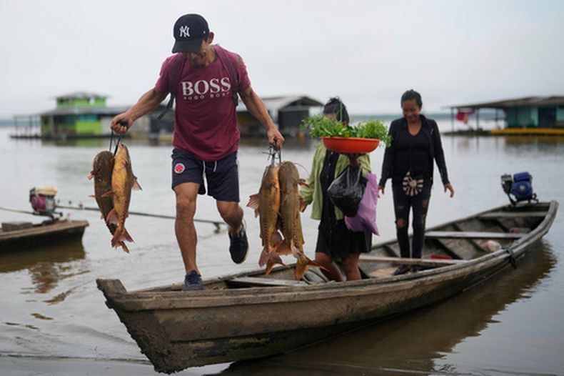 ARCHIVO - Un hombre descarga pescado fresco de un bote en Puerto Narino, Colombia, a orillas del río Amazonas, el 7 de septiembre de 2025. (AP Foto AP/Fernando Vergara/Archivo)