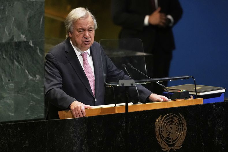El secretario general de Naciones Unidas, António Guterres, pronuncia un discurso el martes 9 de septiembre de 2025, en la sede de la ONU. (AP Foto/Seth Wenig)