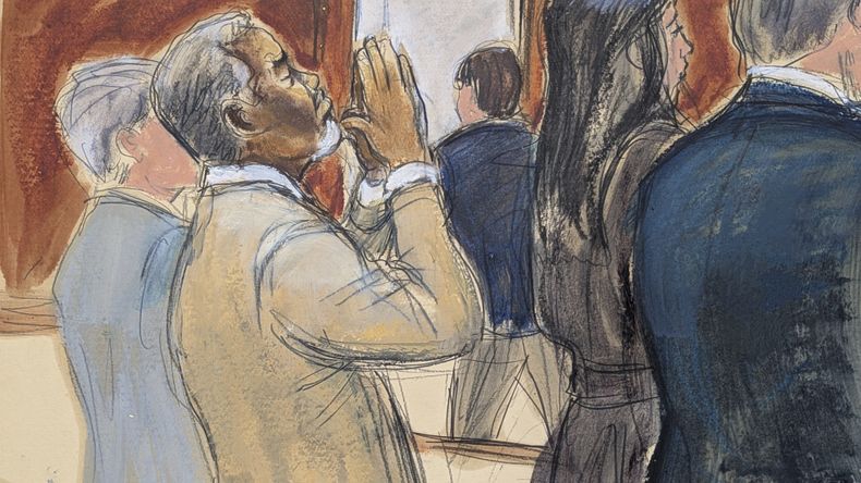 En este sketch judicial, Sean Diddy Combs reacciona después de ser declarado culpable de delitos relacionados con la prostitución, pero absuelto de cargos de tráfico sexual y crimen organizado que podrían haberlo puesto tras las rejas de por vida, el miércoles 2 de julio de 2025, en el tribunal federal de Manhattan en Nueva York. (Elizabeth Williams via AP)
