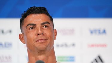 El portugués Cristiano Ronaldo en conferencia de prensa antes del partido de Portugal ante España por los octavos de final del Mundial, el domingo 5 de julio de 2026, en Dallas. (AP Foto/Julio Cortez)